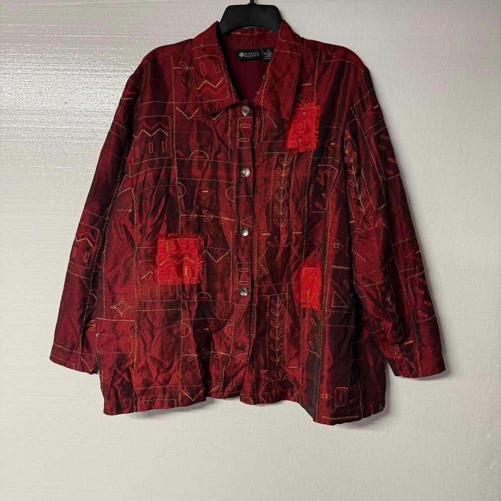 Vintage Maggie Barnes Shirt Jacket Women 1X Red Silk Patchwork Art To Wear Artsy
